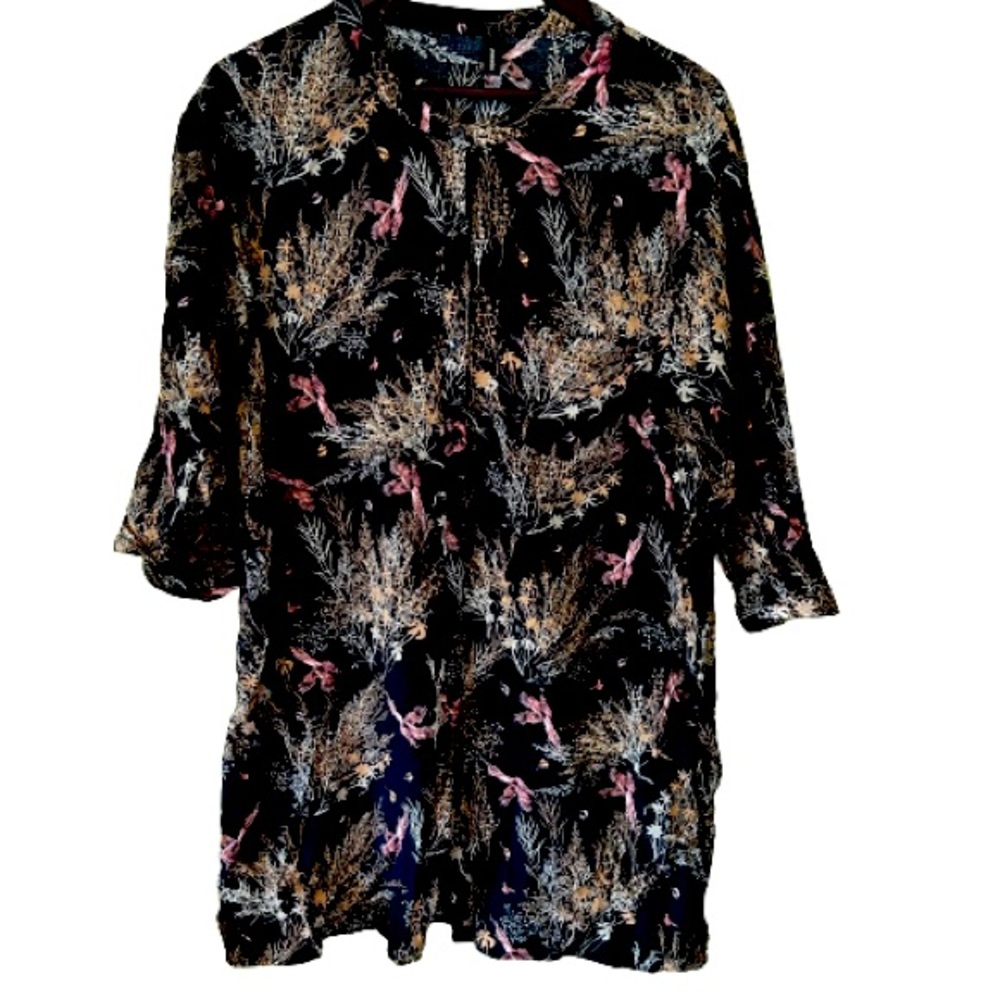 Anthropologie flora and fauna and bird print long black tunic top